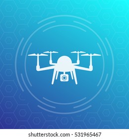 Drone icon, aerial photography, quadrocopter with camera, vector illustration