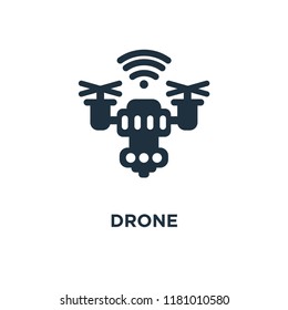 Drone icon. Black filled vector illustration. Drone symbol on white background. Can be used in web and mobile.