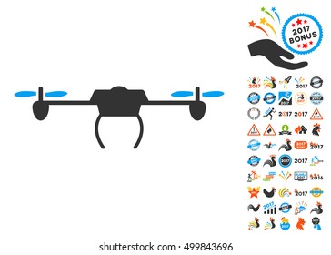 Drone icon with bonus 2017 new year graphic icons. Vector illustration style is flat iconic symbols, blue and gray colors, white background.