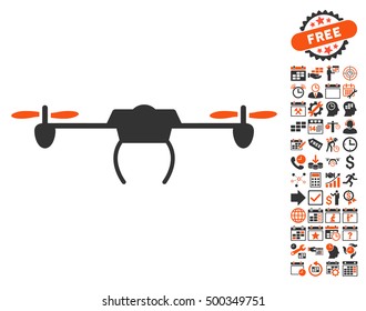 Drone icon with bonus calendar and time service pictograph collection. Vector illustration style is flat iconic symbols, orange and gray colors, white background.