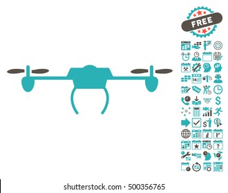 Drone icon with bonus calendar and time management icon set. Vector illustration style is flat iconic symbols, grey and cyan colors, white background.