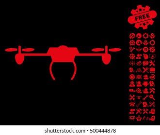 Drone icon with bonus configuration symbols. Vector illustration style is flat iconic symbols, red color, black background.