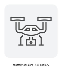 Drone icon. Also called unmanned aerial vehicle (UAV). Including with camera and gimbal for recording video and take photo from aerial view. Also use to survey and surveillance. Compact and waterproof