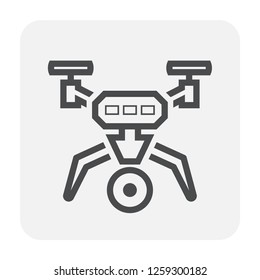 Drone icon. Also called unmanned aerial vehicle (UAV). Including with camera and gimbal for recording video and take photo from aerial view. Also use to survey and surveillance. Compact and waterproof