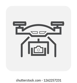 Drone icon. Also called unmanned aerial vehicle (UAV). Including with camera and gimbal for recording video and take photo from aerial view. Also use to survey and surveillance. Compact and waterproof