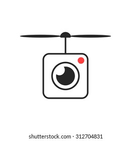 drone icon with camera lens. concept of smart hobby toy, action camera, drone shoot, snapshot, videography. isolated on white background. flat style trend modern logotype design vector illustration