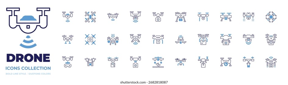 Colección de ícono de dron. Estilo de línea en negrita. Duotone colores. cámara drone, drone, granja inteligente, entrega, inteligente.