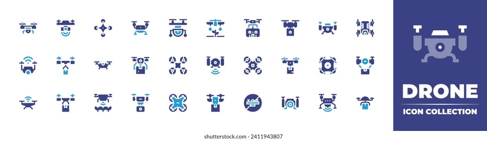 Drone icon collection. Duotone color. Vector and transparent illustration. Containing drone, no drone zone, smart farm, delivery, camera drone, aircraft, robotics.