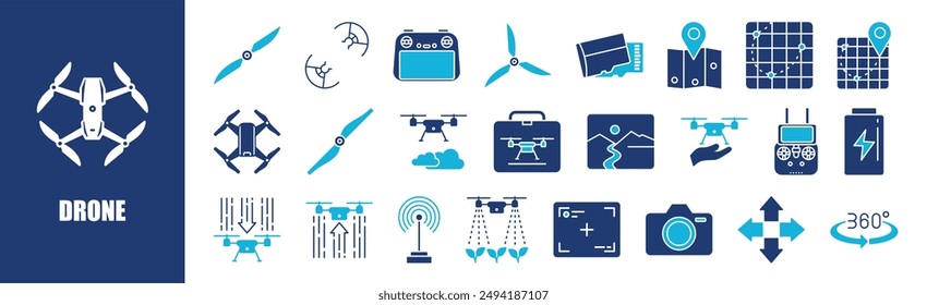 Drone icon collection set. Containing design, technology, aerial, camera, fly, innovation, digital,,and more. Solid vector icons collection.	