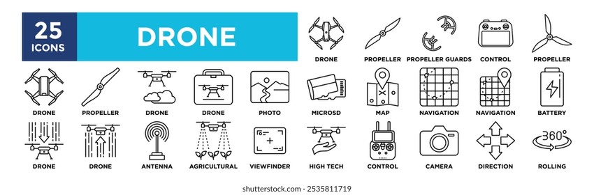 Conjunto de coleta de ícone de drone. Contendo antena de projeto, drone, tecnologia, controle, voar, remoto, hélice, aeronave