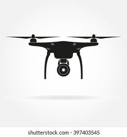 Drone icon. Copter or quadrocopter with camera black silhouette. Vector illustration.