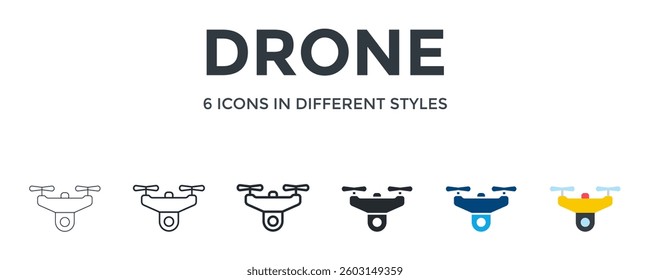 Drone Icon In Different Style Vector Illustration. Designed In Thin Line, Regular Line, Bold Line, Glyph, Color Fill, And Flat Style Can Be Used For Web