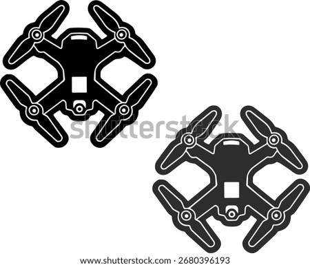 Drone icon in the form of two silhouettes, black and gray colors. Two icons of quadcopters, combat aerial drones, quadcopter icon.