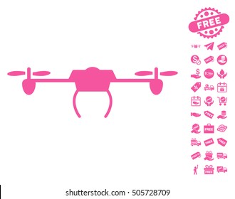 Drone icon with free bonus clip art. Vector illustration style is flat iconic symbols, pink color, white background.