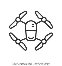 Drone, icon in line design. Drones, quadcopter, UAV, aerial photography, flying drone, remote control, drone technology on white background vector. Drone editable stroke icon