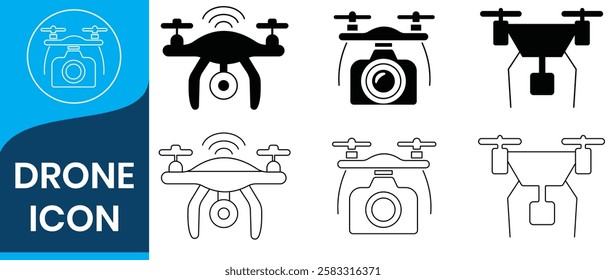 Drone icon, drone quadcopter with action camera, Photo and video drones icon, UAV shop logo, poster. Drone icons set. Drone aerial camera icon, Vector drones icon symbol design. vector illustration