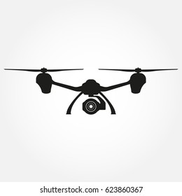 Drone icon. Quadcopter black silhouette with camera. Vector illustration.