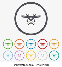 Drone icon. Quadrocopter with action camera symbol. Round circle buttons with frame.