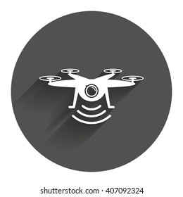 Drone icon. Quadrocopter with action camera symbol. Circle flat button with shadow. Modern UI website navigation.