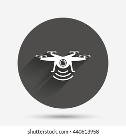 Drone icon. Quadrocopter with action camera symbol. Circle flat button with shadow. Vector