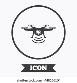 Drone icon. Quadrocopter with action camera symbol. Graphic design element. Flat symbol in circle button. Vector