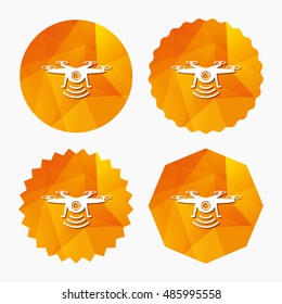 Drone icon. Quadrocopter with action camera symbol. Triangular low poly buttons with flat icon. Vector