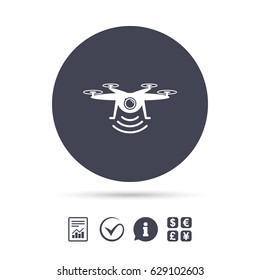 Drone icon. Quadrocopter with action camera symbol. Report document, information and check tick icons. Currency exchange. Vector