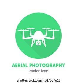 Drone icon, quadrocopter with camera round pictogram isolated over white