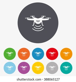 Drone icon. Quadrocopter with remote control symbol. Circle colourful buttons.