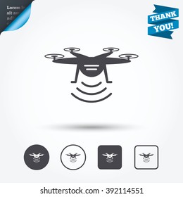 Drone icon. Quadrocopter with remote control symbol. Circle and square buttons. Flat design set. Thank you ribbon.