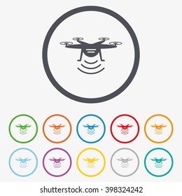 Drone icon. Quadrocopter with remote control symbol. Round circle buttons with frame.