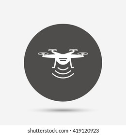 Drone icon. Quadrocopter with remote control symbol. Gray circle button with icon. Vector