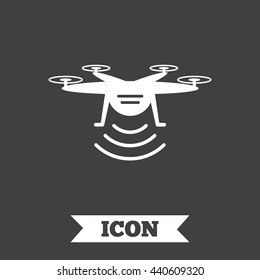 Drone icon. Quadrocopter with remote control symbol. Graphic design element. Flat drone symbol on dark background. Vector