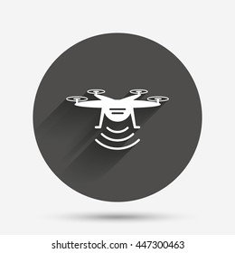 Drone icon. Quadrocopter with remote control symbol. Circle flat button with shadow. Vector
