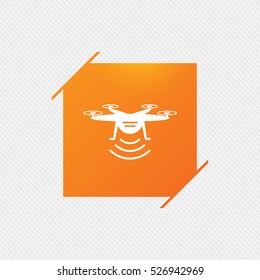 Drone icon. Quadrocopter with remote control symbol. Orange square label on pattern. Vector