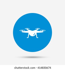 Drone icon. Quadrocopter symbol. Blue circle button with icon. Vector