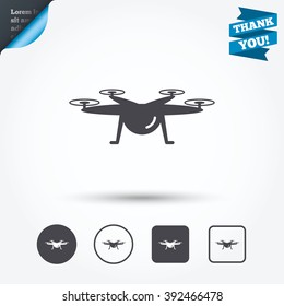 Drone icon. Quadrocopter symbol. Circle and square buttons. Flat design set. Thank you ribbon.