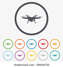 Drone icon. Quadrocopter symbol. Round circle buttons with frame.