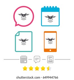 Drone icon with remote control symbol. Calendar, chat speech bubble and report linear icons. Star vote ranking. Vector