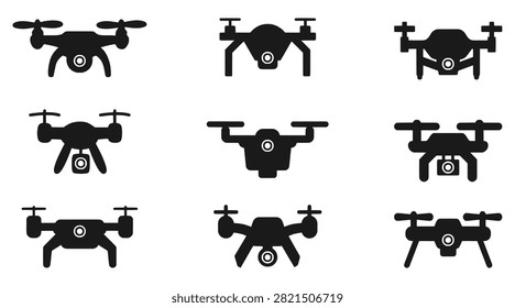 Drone icon set in black silhouette vector style featuring varied quadcopter shapes, leg structures, and camera placements for EPS technology, aerial, and engineering layouts.