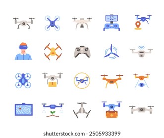 Conjunto de iconos de drones. Video Signos coloridos con el helicóptero inalámbrico con la cámara y el control remoto. Elemento de diseño para App y Sitio web. Colección de Ilustración vectorial plana aislada sobre fondo blanco