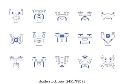 Drone icon set. Duotone style line stroke and bold. Vector illustration. Containing drone, drone delivery, camera drone.