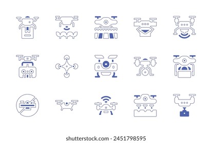 Drone icon set. Duotone style line stroke and bold. Vector illustration. Containing drone, no drone zone, drone delivery, postal, robotics.