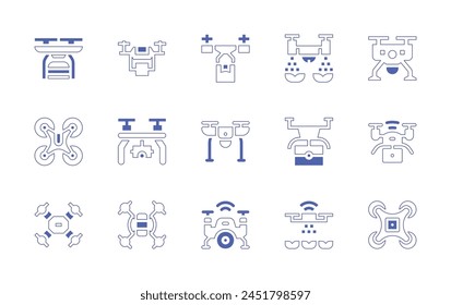 Drone icon set. Duotone style line stroke and bold. Vector illustration. Containing drone, drone delivery, smart drone, camera.