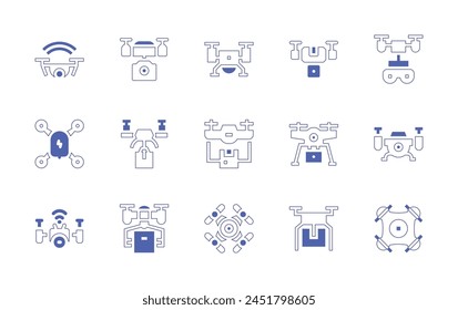 Drone icon set. Duotone style line stroke and bold. Vector illustration. Containing camera drone, drone, delivery.