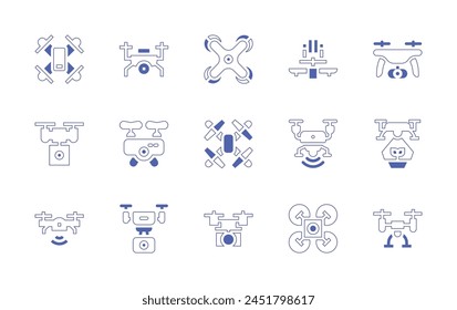 Conjunto de iconos de drones. Trazo de línea de estilo duotono y negrita. Ilustración vectorial. Conteniendo drones, drones de cámara, drones inteligentes.