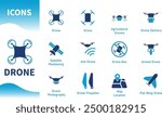 Drone icon. Set of flycam icons, agricultural drones, delivery drones, photography, drone ban, anti drone, maps. Solid vector icons.