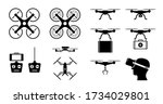 Drone icon set with gadget and accessories. Vector icons of drones in top and side view. Drone remote controller with phone screen, camera, claw, and FPV goggles. Drone send parcel and medical supply.