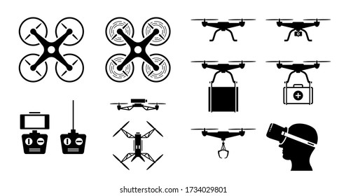 Drone icon set with gadget and accessories. Vector icons of drones in top and side view. Drone remote controller with phone screen, camera, claw, and FPV goggles. Drone send parcel and medical supply.