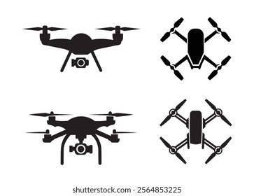 Drone icon set. Drone icons, drone quadcopter with action camera, Drone silhouette icon. Vector Illustration.